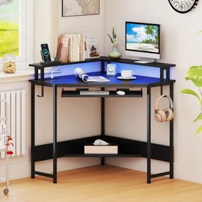 Secretária de canto com estação de carregamento e LED 80 x 80 x 88 cm, bandeja para teclado e suporte para monitor, mesa de gaming preta
