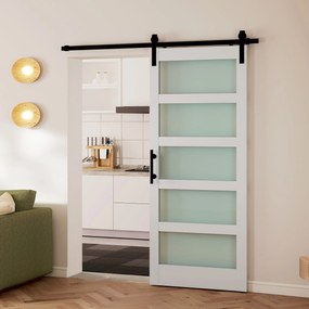 Porta de Correr com Ferragens 91x213 cm Porta de Correr Interior de MDF e Vidro Fosco com Rolo Trilho Guia de Chão Branco