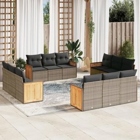 12 pcs conjunto de sofás jardim c/ almofadões vime PE cinzento