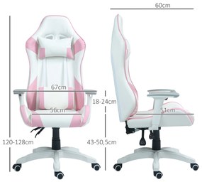 Cadeira Gaming Reclinável com Almofada Lombar Apoio de Cabeça Basculante e Altura Ajustável 67x60x120-128 cm Branco e Rosa