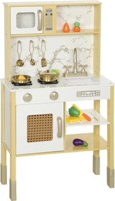 AIYAPLAY Cozinha de Brincar em Madeira com Som Acessórios em Aço Inoxidável Micro-Ondas Forno Lava-Loiças Legumes para Cortar 55x24x96 cm Dourado | Aosom Portugal