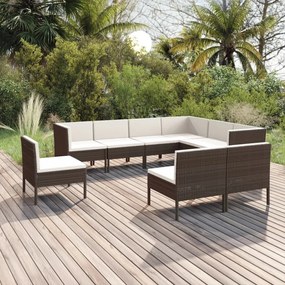 vidaXL 9 pcs conjunto lounge jardim c/ almofadões vime PE castanho