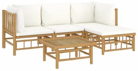 5 pcs conjunto lounge de jardim bambu c/ almofadões branco nata