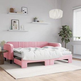 vidaXL Sofá-cama com gavetão e colchões 90x200 cm veludo rosa