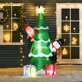 Árvore de Natal Inflável 180cm com Luzes LED Decoração de Papai Noel Boneco de Neve e Presentes com Inflador para Interior e Exterior