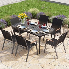Mesa de jantar jardim retangular (CADEIRAS NÃO INCLUIDAS) 160 x 90 cm com orifício para guarda-sol de 4 cm, tampo com ripas metálicas, para pátio ou j