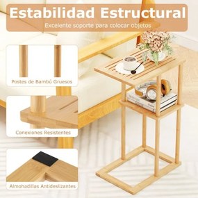 Conjunto de 2 mesas auxiliares 40 x 28 x 65 cm retangulares de bambu com prateleiras de arrumação, mesa de cabeceira em acabamento natural