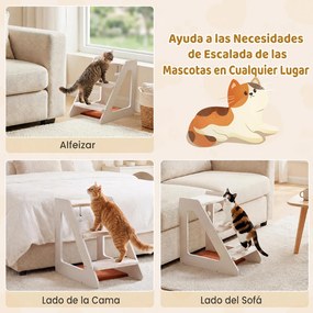 Escada para Cães e Gatos de 3 Níveis, 33 x 54 x 48 cm, Tecido de Bombazina Antiderrapante, Branco