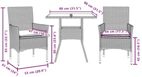 3 pcs conjunto jantar jardim c/ almofadões PE/vidro cinza claro