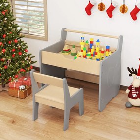 Conjunto de mesa e cadeira infantil de madeira 2 em 1 para crianças com tabuleiro removível, cinzento