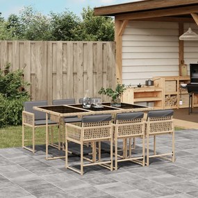 vidaXL 7 pcs conj. jantar jardim c/ almofadões vime PE bege misturado