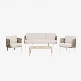 Conjunto De Jardim Com Sofá De 3 Lugares, 2 Poltronas Em Corda Trançada Tevary E Mesa De Centro Em Alumínio Boleni Tela Bege Tapioca - Sklum