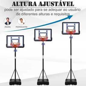 Cesta de basquete com suporte portátil Aro de cesta ajustável em altura com base recarregável para crianças e adultos 86x153x250-350 cm Preto