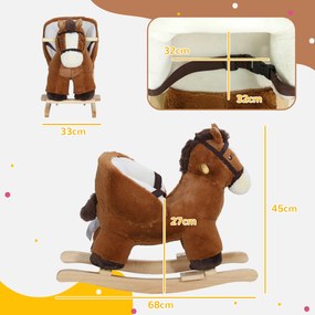 Cavalo Baloiço para Crianças de 18-36 Meses com Sons Cinto de Segurança e Base de Madeira Carga 25 kg 68x33x45 cm Castanho