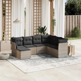 7 pcs conjunto sofás p/ jardim c/ almofadões vime PE cinzento