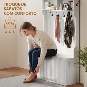 Móvel Cabide de Entrada com Sapateira Prateleiras Abertas e 6 Ganchos Estilo Moderno 100x38x172 cm Branco