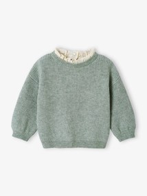 Camisola em malha canelada, gola em bordado inglês, para bebé verde-salva