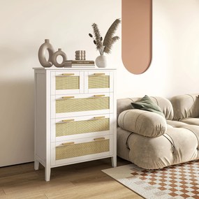 Cómoda com 5 gavetas, puxadores em madeira maciça e corrediças metálicas, para escritório, sala de estar ou quarto, 77 x 37 x 104 cm, branca