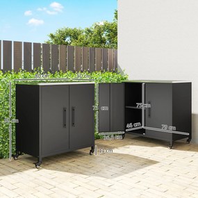 Armário de jardim em metal 80 (L) x 50 (P) x 90 (A) cm, armário de arrumação para exterior, teto em aço inoxidável e Rodas, preto