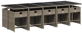 11 pcs conjunto jantar p/ jardim c/ almofadões vime PE cinzento