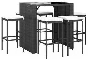 7 pcs conjunto de bar para jardim c/ almofadões vime PE preto
