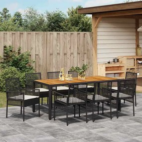 Conjunto de Jantar de Jardim com Almofadas Preto Poliratã