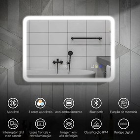 Espelho de Casa de Banho com Luz LED 70x50 cm Bluetooth 3 Cores de Luz Relógio Digital Função Antiembaciamento Função de Memória Prata