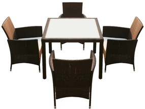 5pcs conjunto de jantar exterior c/ almofadões vime PE castanho