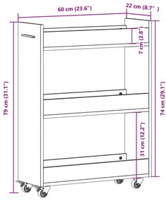 Armário c/ rodas 60x22x79 cm derivados madeira cinzento sonoma