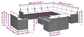 14 pcs conjunto sofás p/ jardim c/ almofadões vime PE cinzento