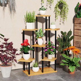 Suporte para plantas com 7 níveis para interior e exterior, prateleira para plantas em aço e madeira, madeira natural