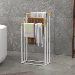 Toalheiro de Pé de 3 Níveis em Forma de Escada com 3 Barras de Bambu e Estrutura de Aço 45x22,5x86 cm Branco e Madeira