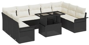 Conjunto de Sofá de Jardim de 10 Peças com Almofadas Preto Vime PE