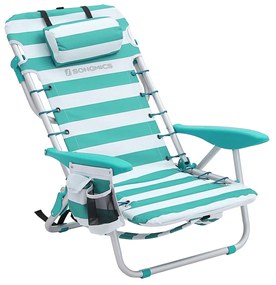 Cadeira de praia SONGMICS, cadeira dobrável para camping, cadeira portátil para áreas externas, para carregar como mochila, com encosto ajustável, apoio de cabeça, apoio de braço, 2 bolsos laterais, verde e branco GCB62JW