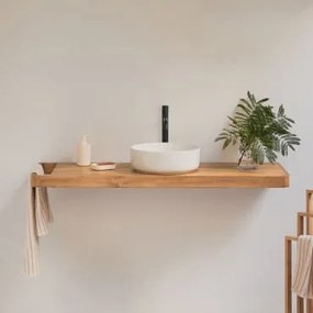 Conjunto De Móvel De Casa De Banho 130x45 Cm Suspenso Em Madeira De Teca Neill Madeira De Teca & Cerâmica Redonda Branca Ø40 Cm Lenka & Sem Espelho &