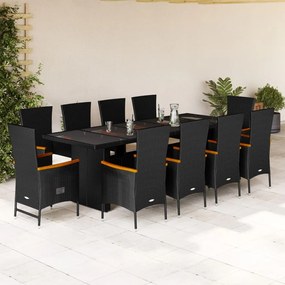 vidaXL 11 pcs conjunto de jantar p/ jardim c/ almofadões vime PE preto