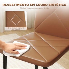 Conjunto de 4 Cadeiras de Jantar Estofadas em Couro Sintético (MESA NÃO INCLUIDA) com Encosto Alto e Pernas de Aço 41x50x97 cm Castanho