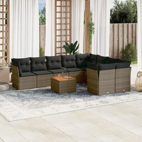 10 pcs conjunto sofás de jardim c/ almofadões vime PE cinzento