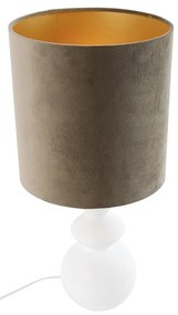 Candeeiro de Mesa Design Abajur em Veludo Branco Cinza-Claro e Dourado 25 cm - Alisia Design