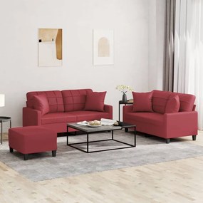 vidaXL 3 pcs conjunto sofás c/ almofadas couro artif. vermelho tinto