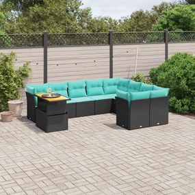 vidaXL 10 pcs conjunto de sofás p/ jardim c/ almofadões vime PE preto