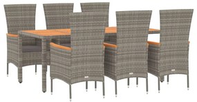7 pcs conjunto de jantar p/ jardim c/ almofadões vime PE cinza