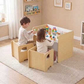 Conjunto de mesa e 2 cadeiras infantis com quadro de giz integrado e motivo de elefante em madeira, para crianças a partir dos 3 anos, sala de jogos/c