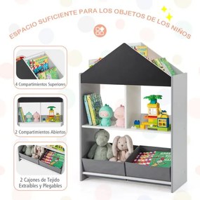 Estante em forma de casa para crianças Organizador de brinquedos em madeira com quadro branco 4 compartimentos 2 gavetas Cinzenta