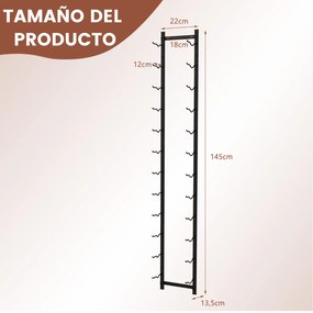 Garrafeira de parede para 12 garrafas Estante suspensa em aço inoxidável para garrafas de vinho 22 x 13,5 x 145 cm preto