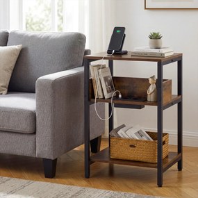 Mesa apoio de 3 níveis 40 x 30 x 61 cm com estação de carregamento USB e tomadas estilo industrial para sala e quarto Castanho Rústico e Preto