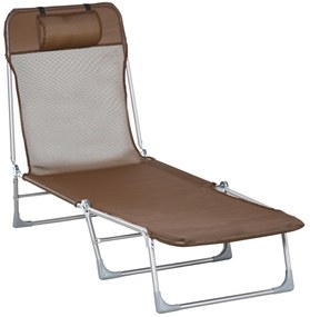 Outsunny Espreguiçadeira dobrável e reclinável de jardim com apoio de cabeça e encosto ajustável em 5 níveis Tecido textilene respirável 182x56x24,5 cm marrom