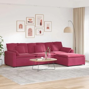 vidaXL Sofá modular com pufes e almofadas vermelho tinto