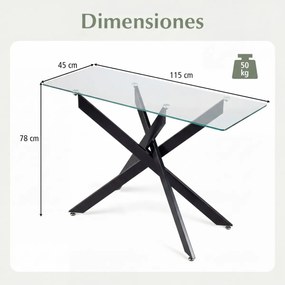 Mesa Consola 115 x 45 x 78 cm com Tampo Temperado e Pernas de Metal para Sala, hall Entrada Preta
