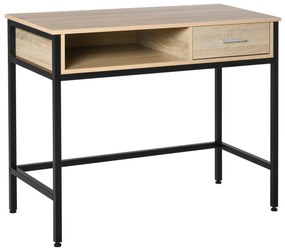 HOMCOM Mesa de Escritório com Armazenamento Mesa de Computador Gaveta Estrutura de Metal Preto Tampo de Madeira Carvalho Claro | Aosom Portugal
